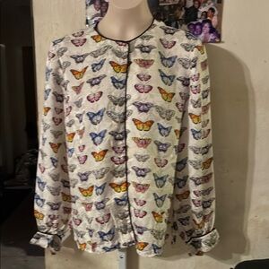 Maggy London White Blouse with Multicolor Butterfly Print